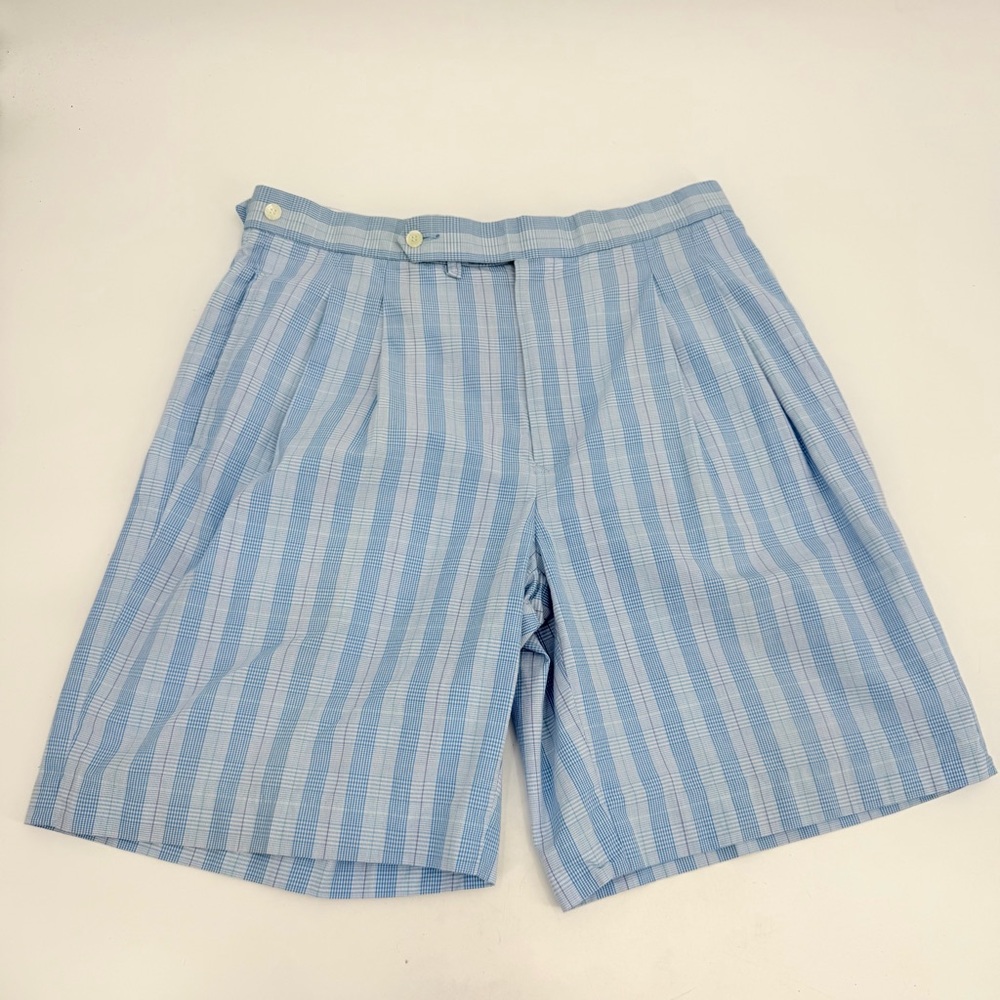 Vintage IZOD Shorts Mens 34 Blue Plaid Cotton Pleated Front Preppy 80s 90s READ